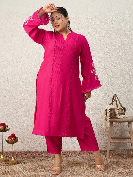 Plus Size Pink Embroidered Straight Kurta Trousers Set