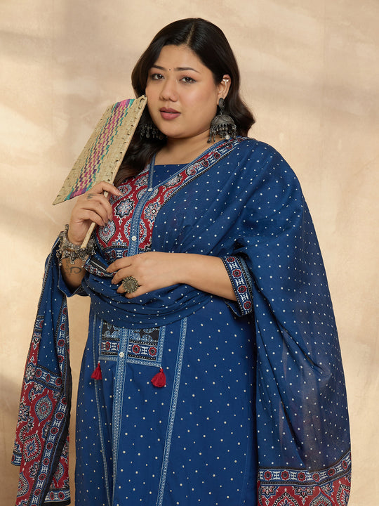 Plus Size Blue Printed Straight Kurta Trousers With Dupatta Set