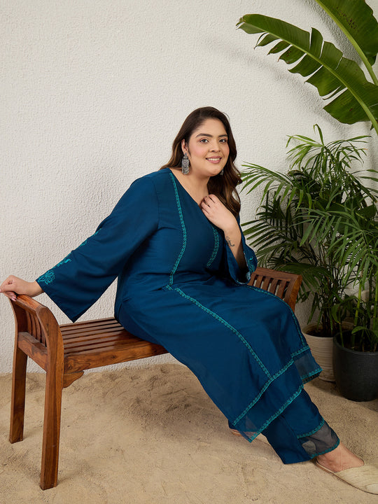 Plus Size Teal Embroidered Straight Kurta Trousers set