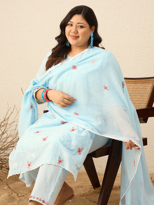 Plus Size Blue Embroidered Straight Kurta Trousers With Dupatta Set