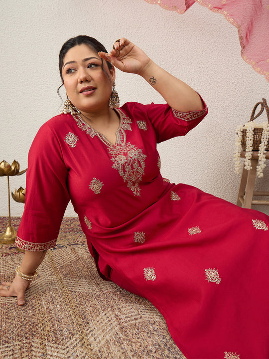 Plus Size Red Embroidered Straight Kurta Trousers With Dupatta Set