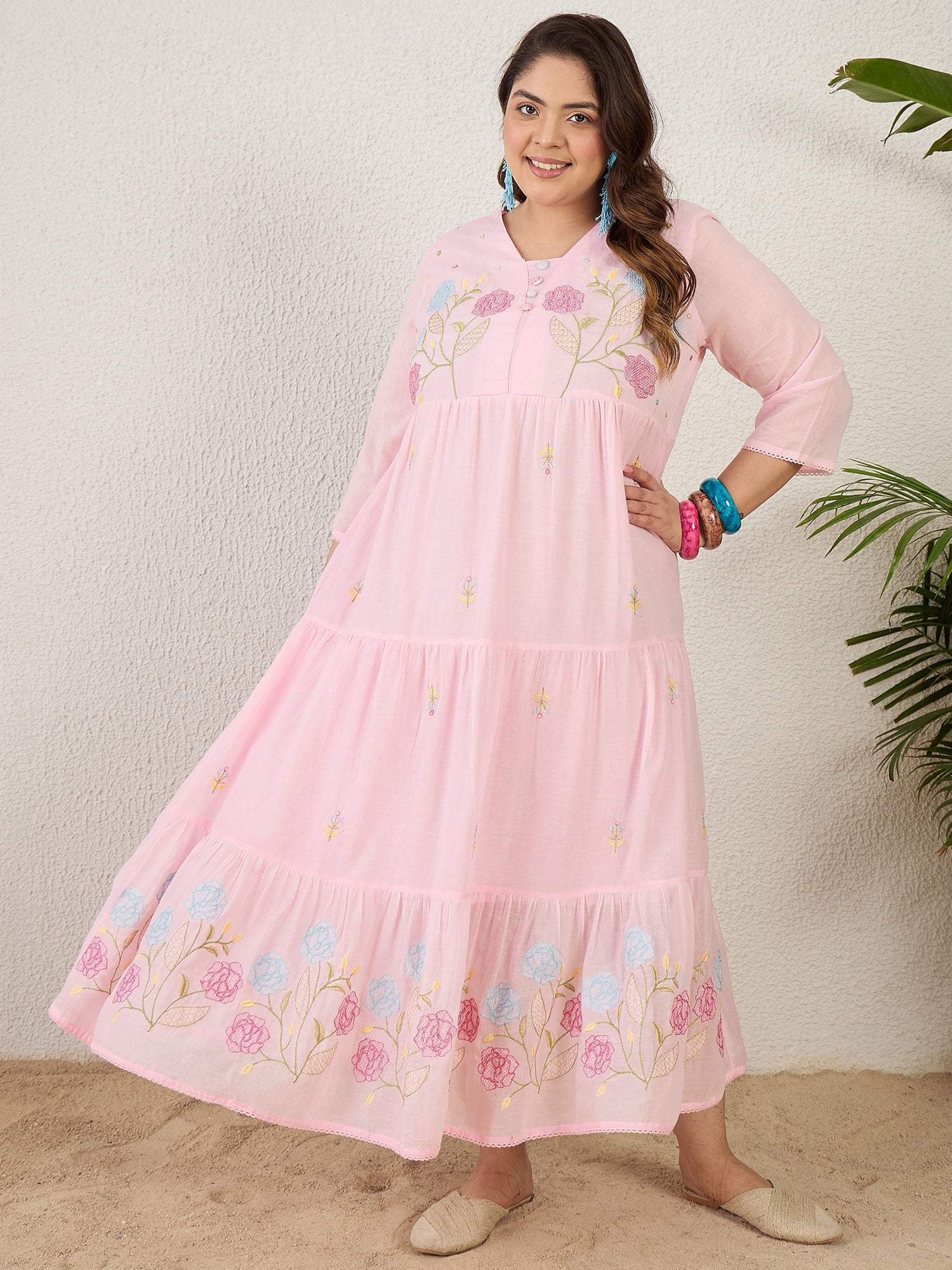 Plus Size Pink Embroidered A-Line Ethnic Dresses – indoera