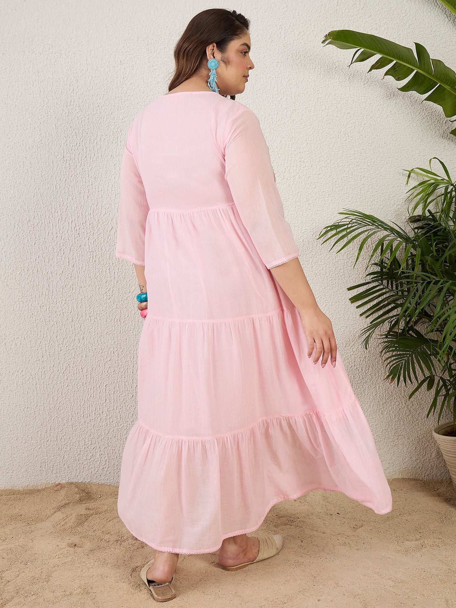 Plus Size Pink Embroidered A-Line Ethnic Dresses  indoera
