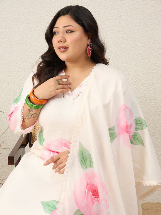 Plus Size Off White Printed Straight Kurta Trousers With Dupatta Set