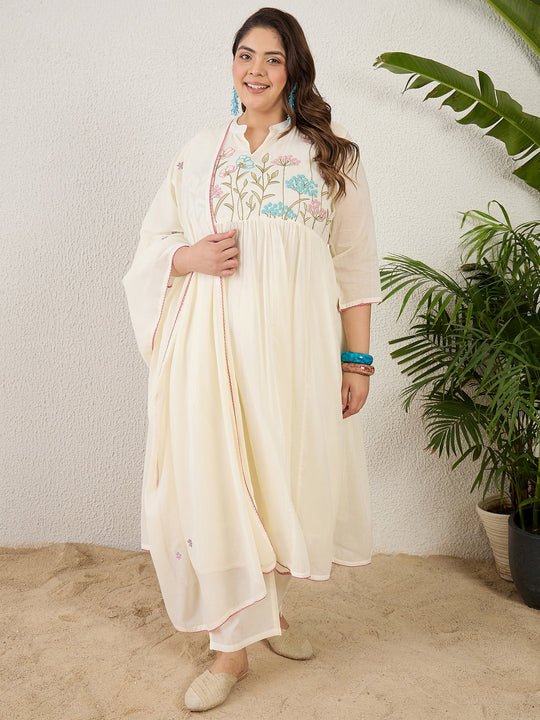 Plus Size Off White Embroidered Anarkali Kurta Trousers With Dupatta Set