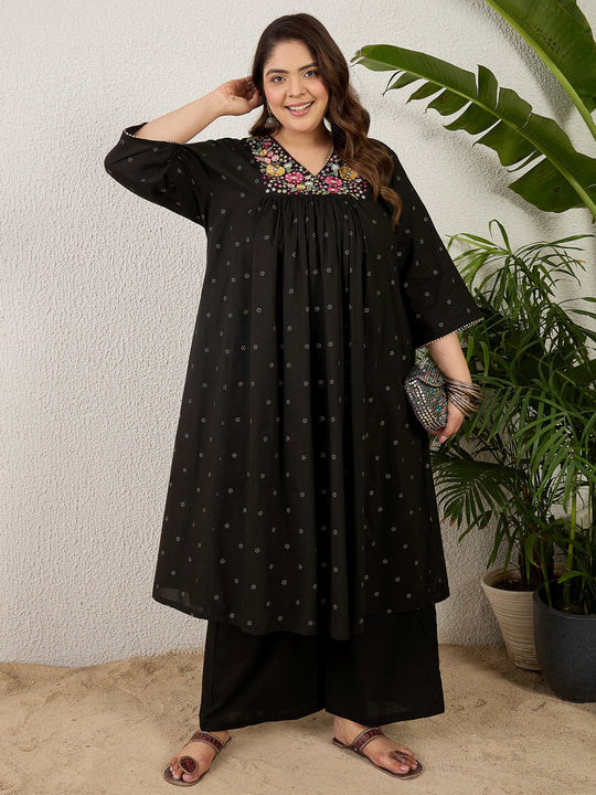 Plus Size Black Embroidered A-Line Kurta Palazzos Set