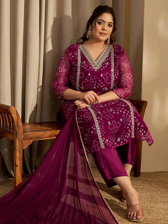 Indo Era Burgundy Embroidered Straight Kurta Trouser With Dupatta set