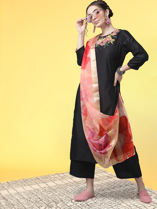 Indo Era Black Embroidered Straight Kurta Palazzo With Dupatta Set