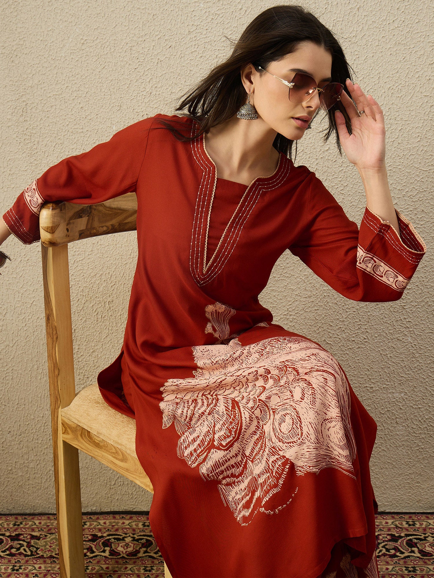 Rust Printed Viscose Rayon A-Line Kurta Palazzo Set