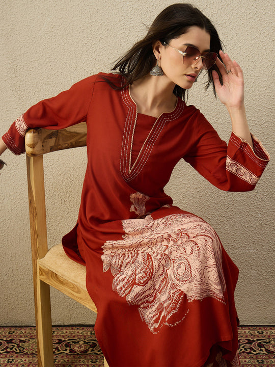 Rust Printed Viscose Rayon A-Line Kurta Palazzo Set