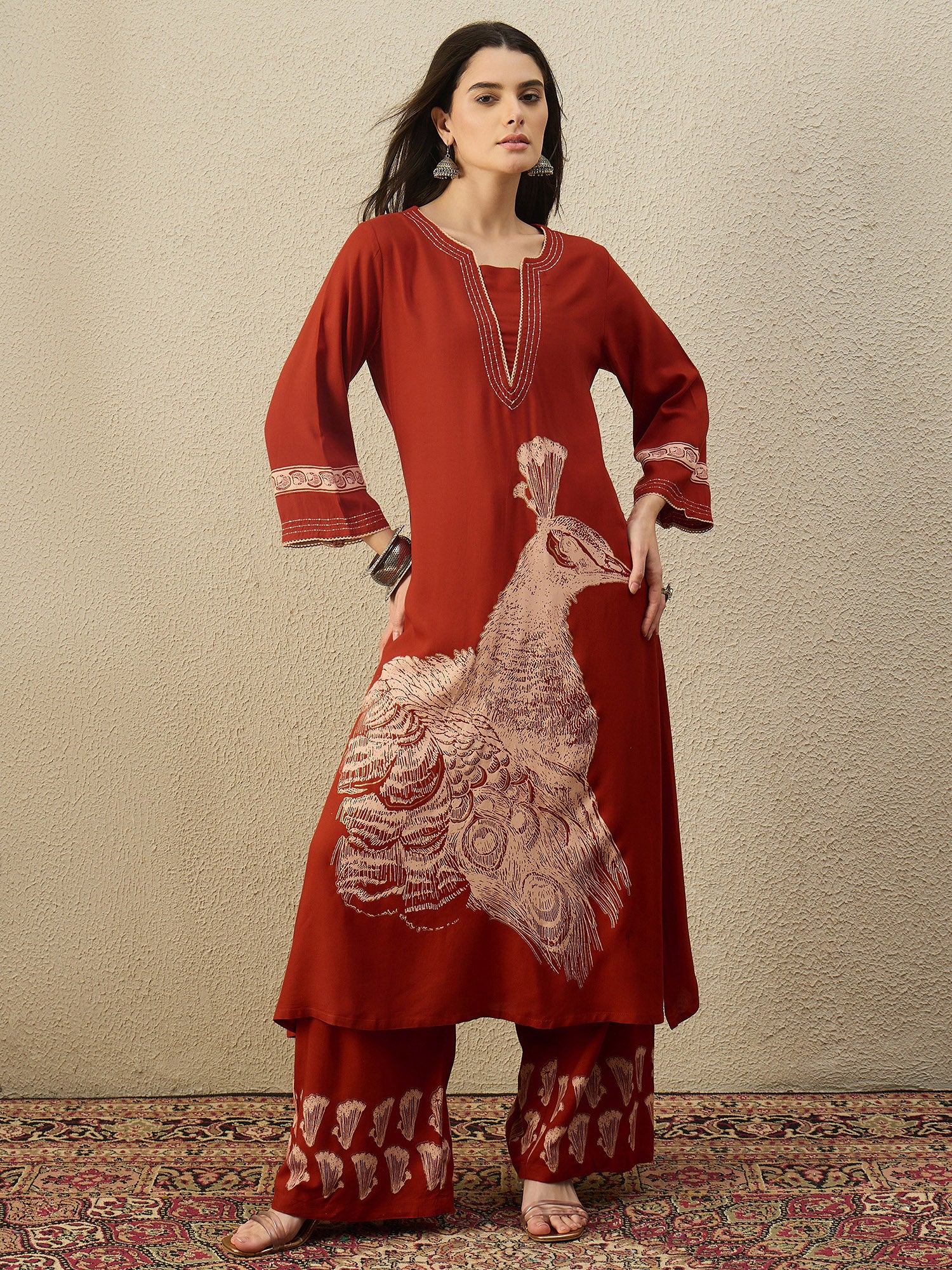 Rust Printed Viscose Rayon A-Line Kurta Palazzo Set