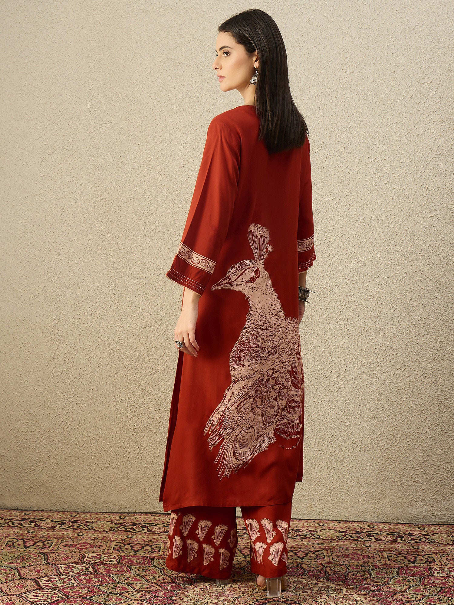 Rust Printed Viscose Rayon A-Line Kurta Palazzo Set