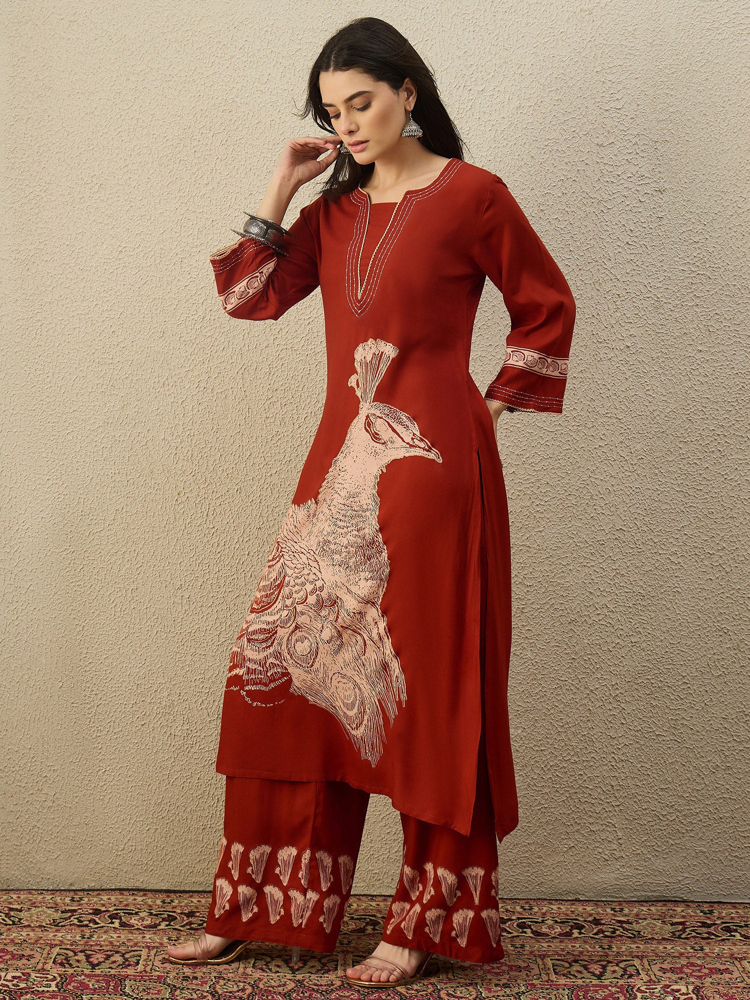 Rust Printed Viscose Rayon A-Line Kurta Palazzo Set