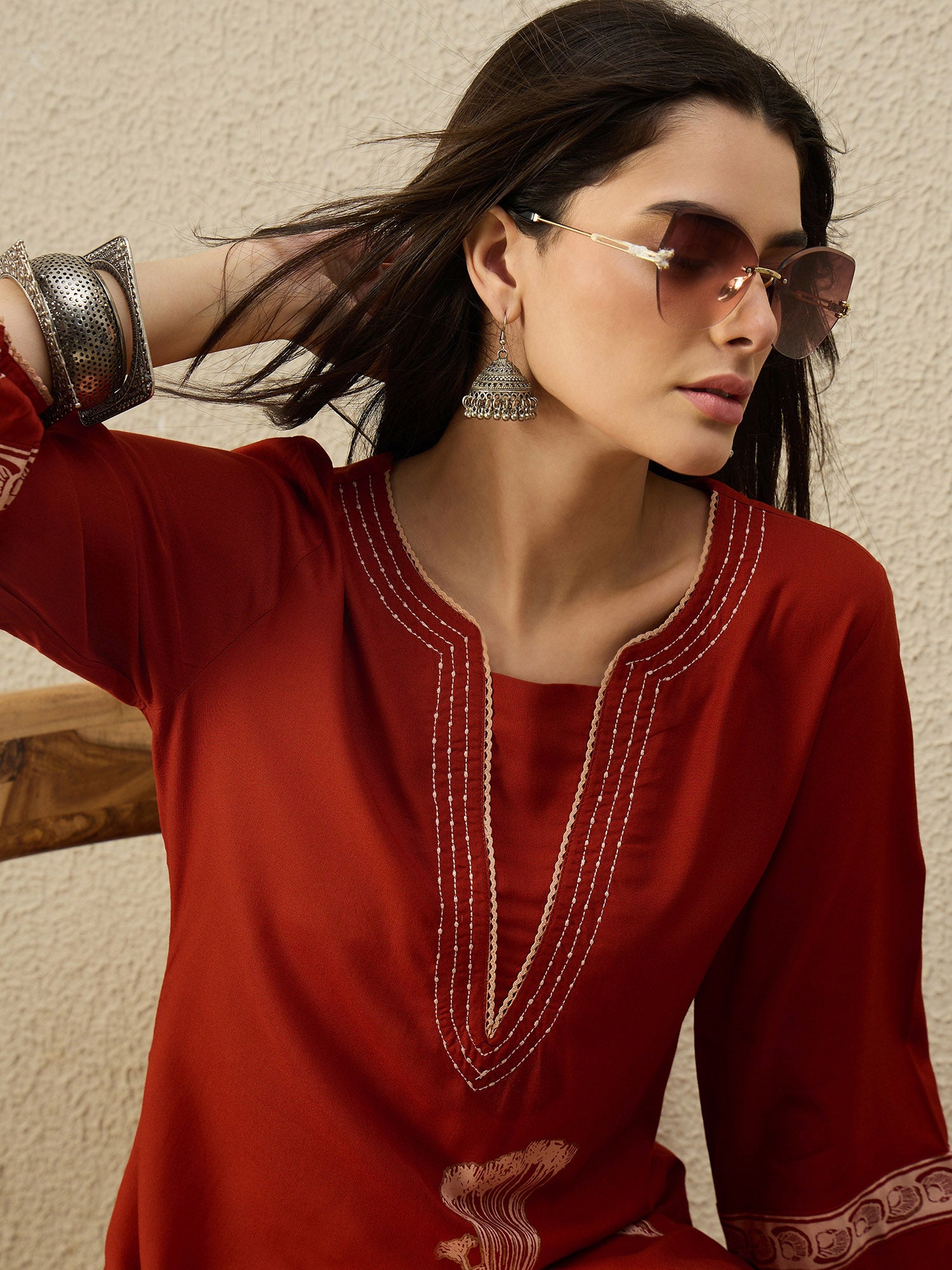 Rust Printed Viscose Rayon A-Line Kurta Palazzo Set