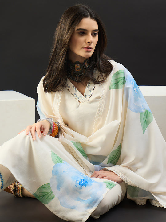Off White Printed Linen Straight V-Neck Kurta Sets With Dupatta