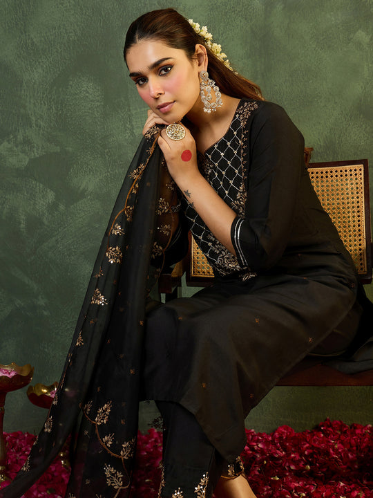 Indo Era Black Embroidered Straight Kurta Trousers With Dupatta Set