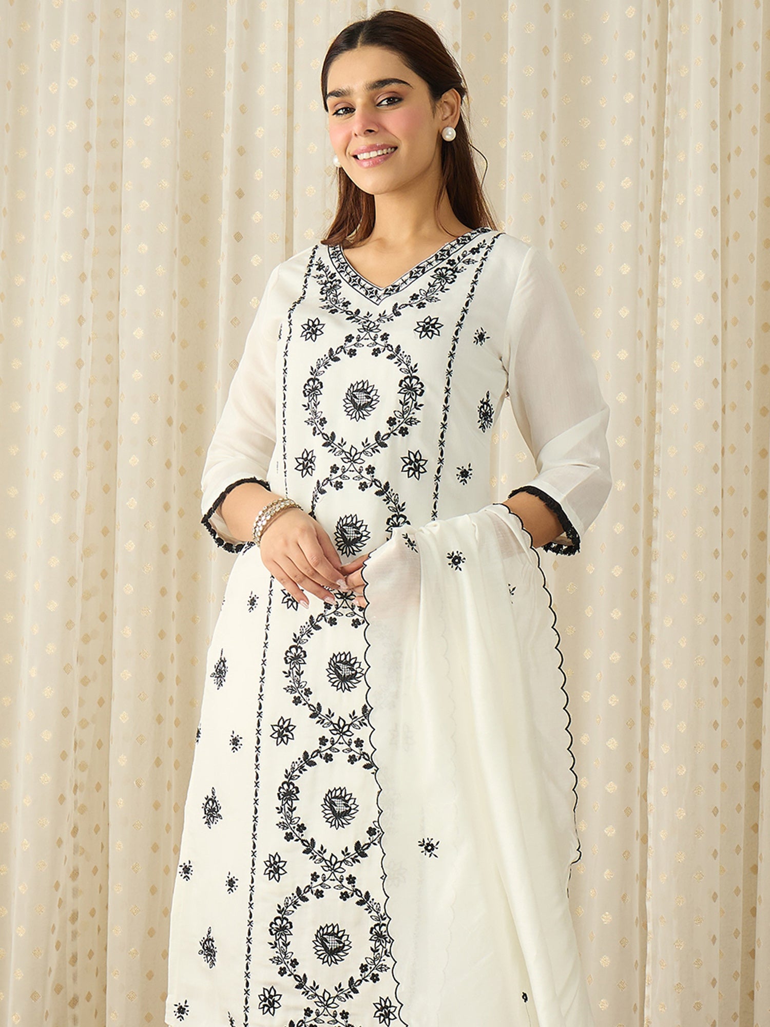 White Embroidered Silk Blend Straight Women Kurta Trouser With Dupatta