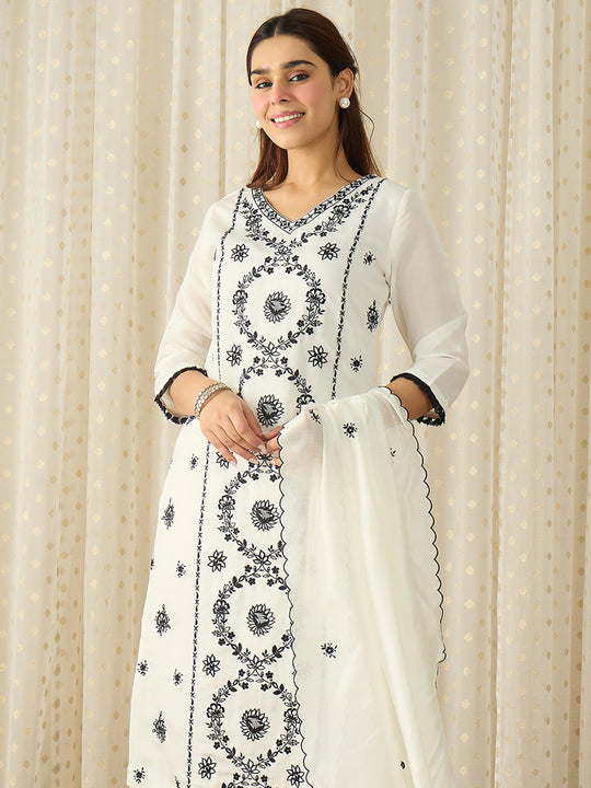 White Embroidered Silk Blend Straight Women Kurta Trouser With Dupatta