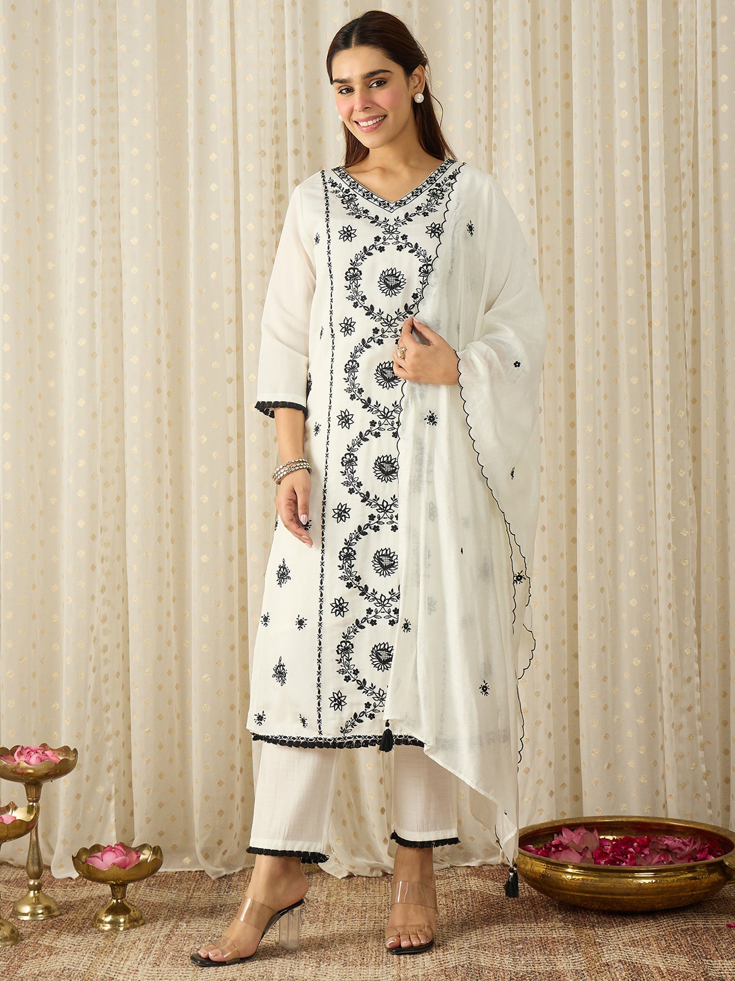 White Embroidered Silk Blend Straight Women Kurta Trouser With Dupatta