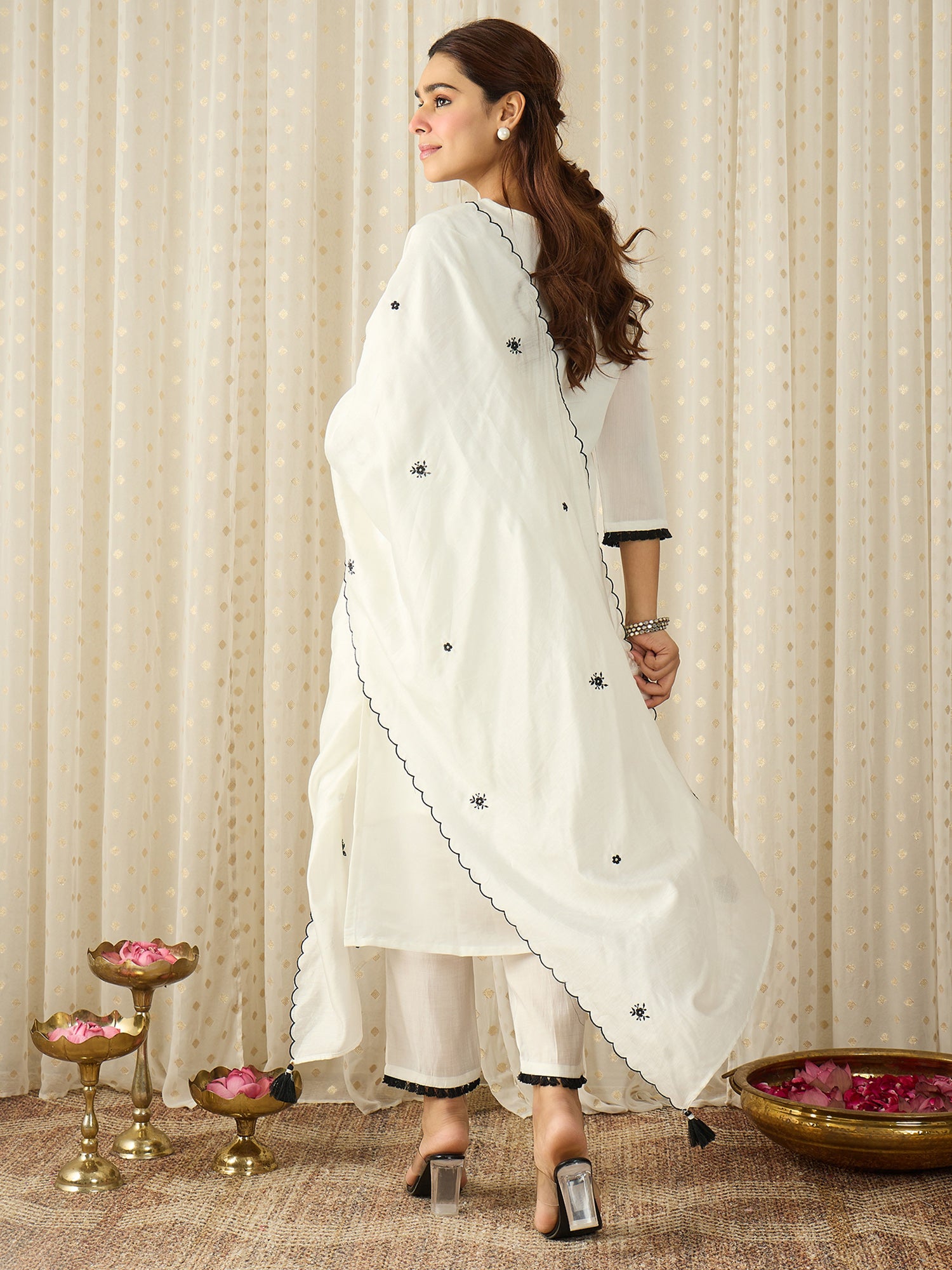 White Embroidered Silk Blend Straight Women Kurta Trouser With Dupatta