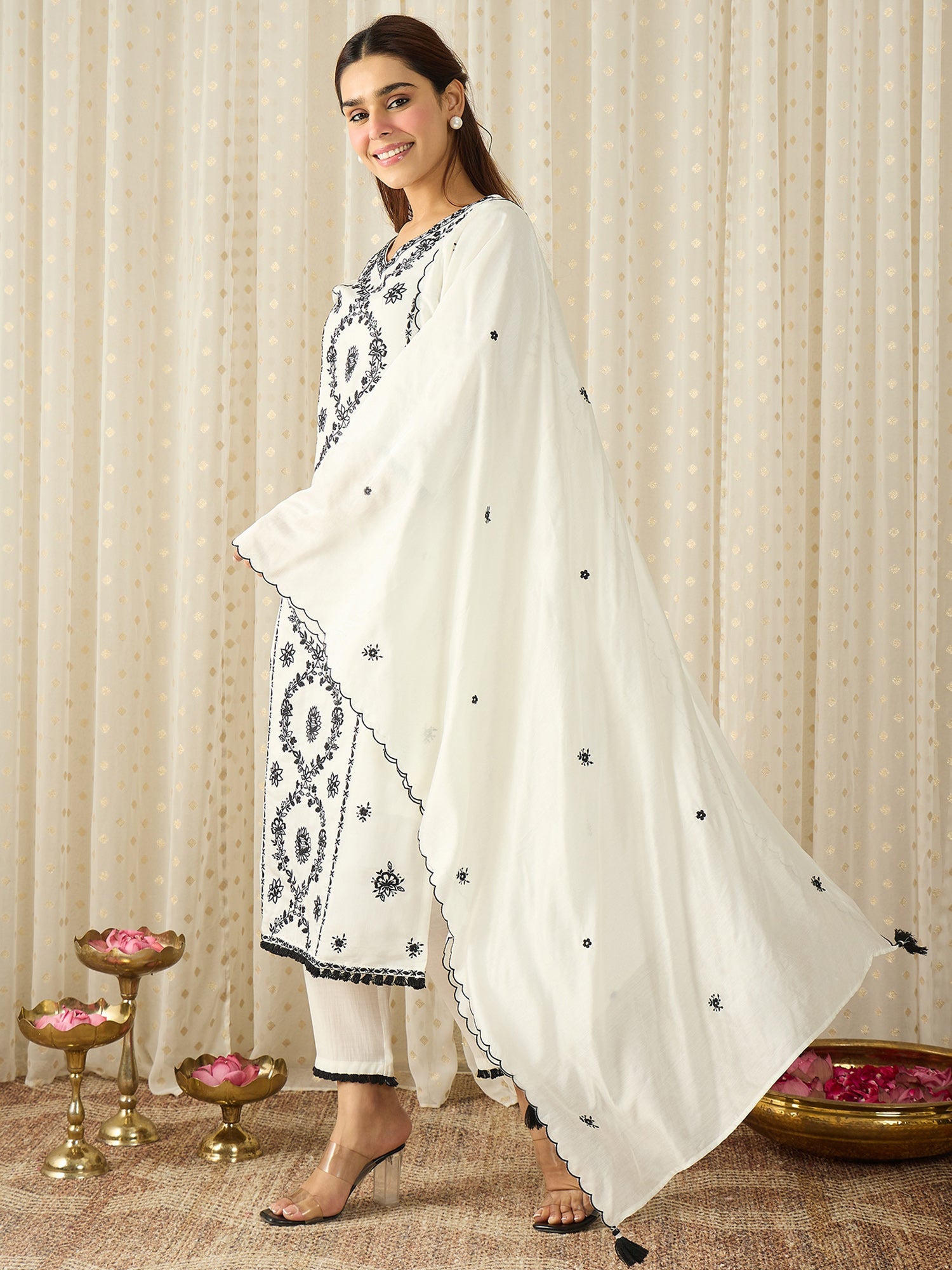 White Embroidered Silk Blend Straight Women Kurta Trouser With Dupatta