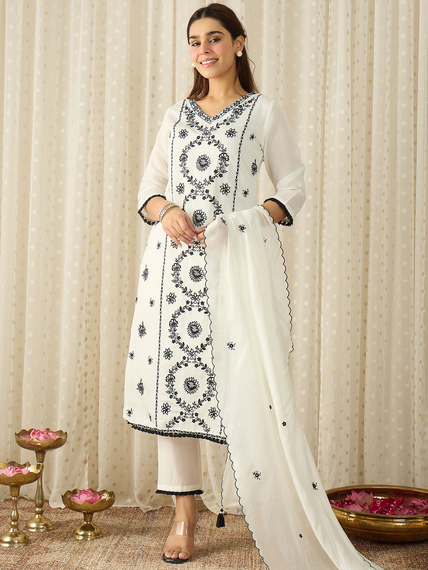 White Embroidered Silk Blend Straight Women Kurta Trouser With Dupatta