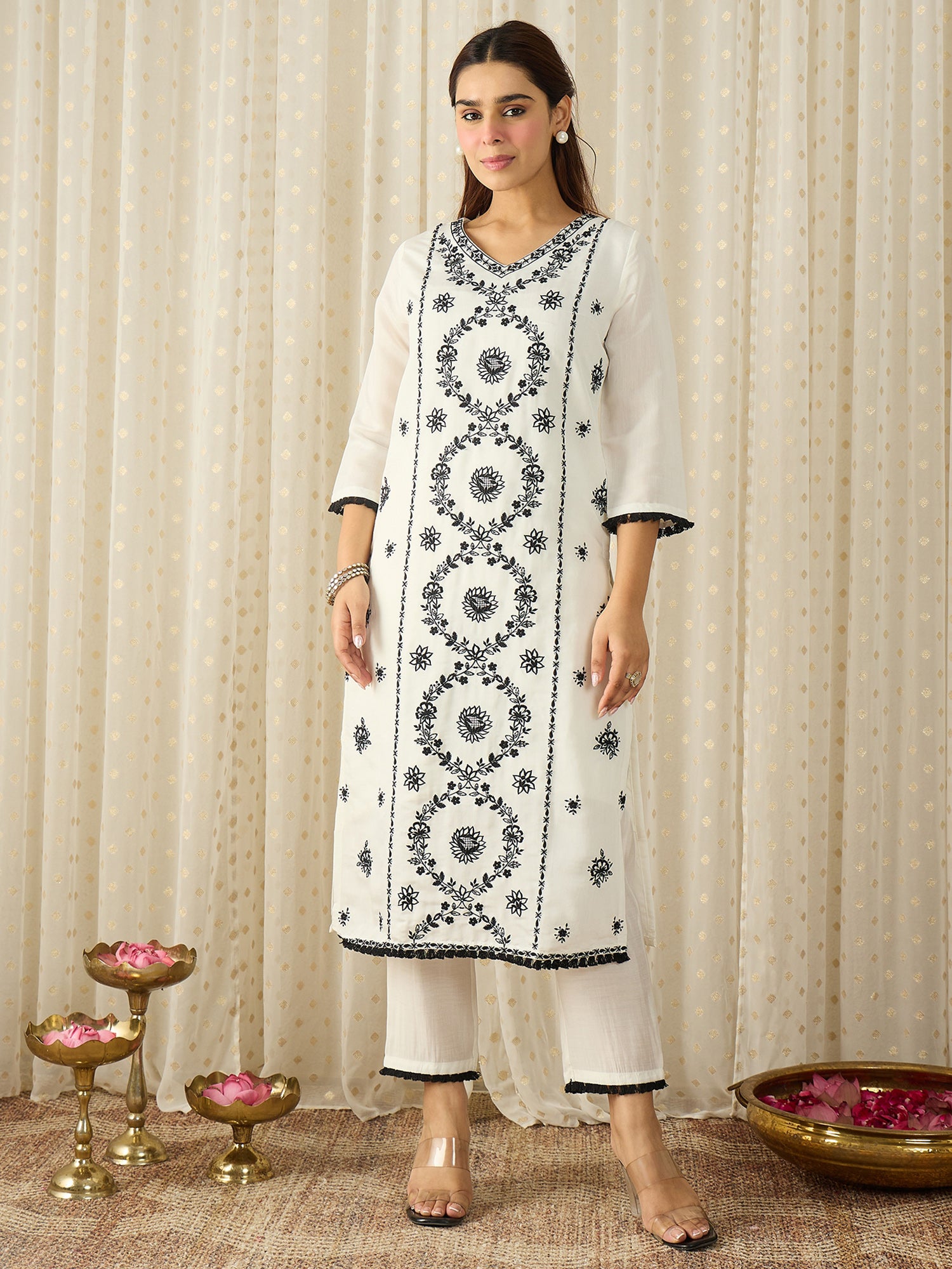 White Embroidered Silk Blend Straight Women Kurta Trouser With Dupatta