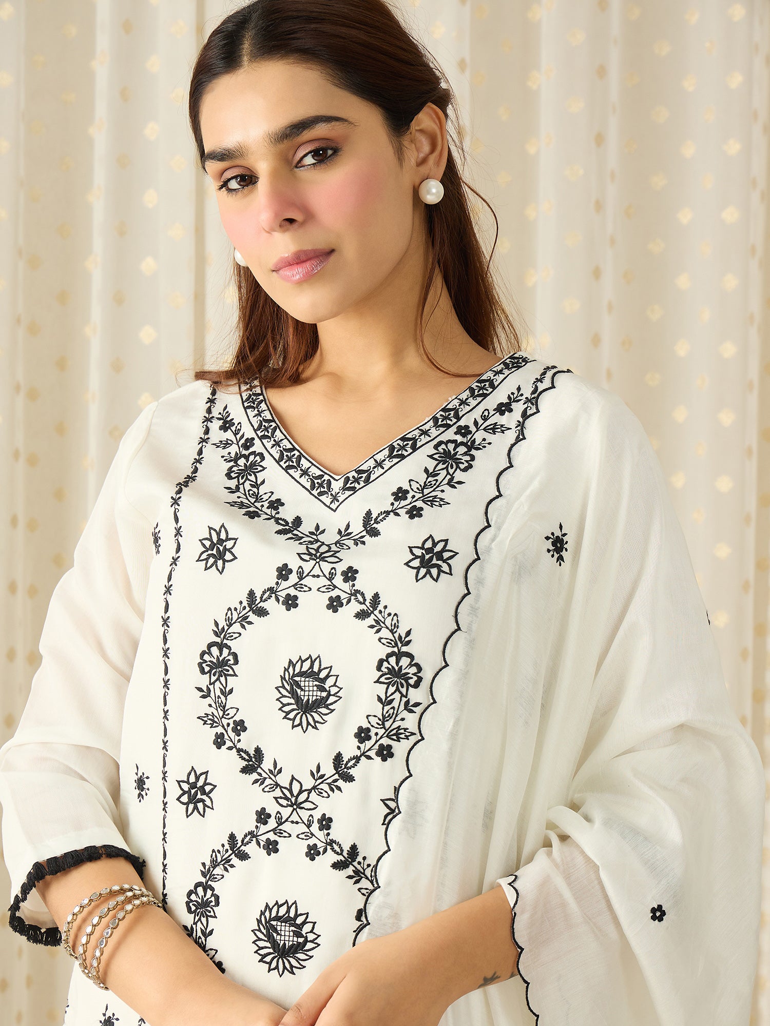 White Embroidered Silk Blend Straight Women Kurta Trouser With Dupatta