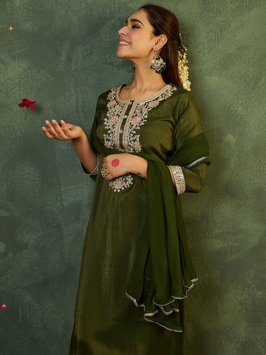 Indo Era Green Embroidered Straight Kurta Trousers With Dupatta Set