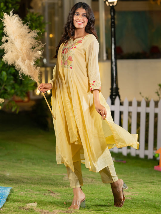 Indo Era Yellow Embroidered A-Line Kurta Trousers With Dupatta set