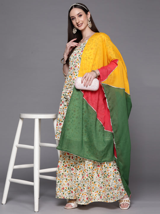 Indo Era White Printed Angarkha Sharara With Dupattab Set