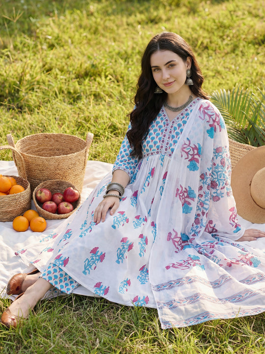 White Printed Pure Cotton A-Line Suit Sets With Dupatta