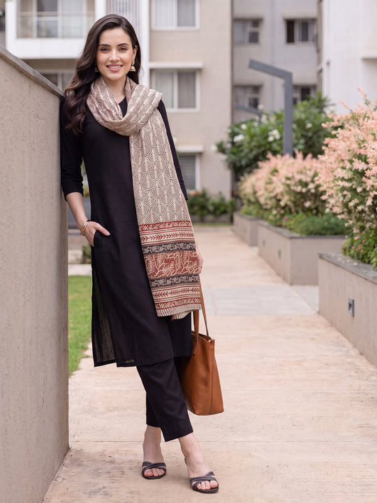 Black Solid Cotton Blend Straight Kurta Sets With Dupatta