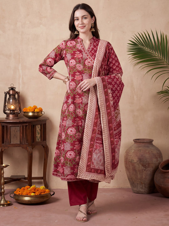 Indo era Burgundy Printed A-Line Kurta Trousers With Dupatta Set
