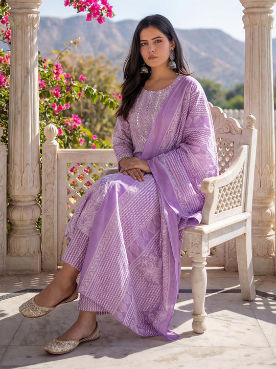 Lavender Printed Cotton Blend Straight Kurta Sets With Dupatta