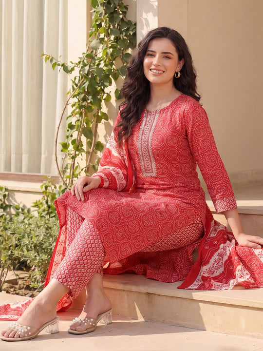 Maroon Printed Straight Pure Cotton Suit Set With Dupatta