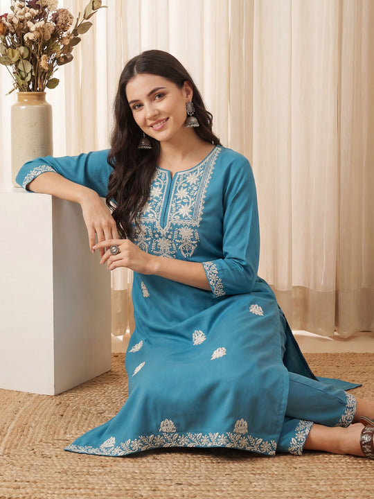 Blue Embroidered Viscose Rayon Straight Kurta Trousers Set