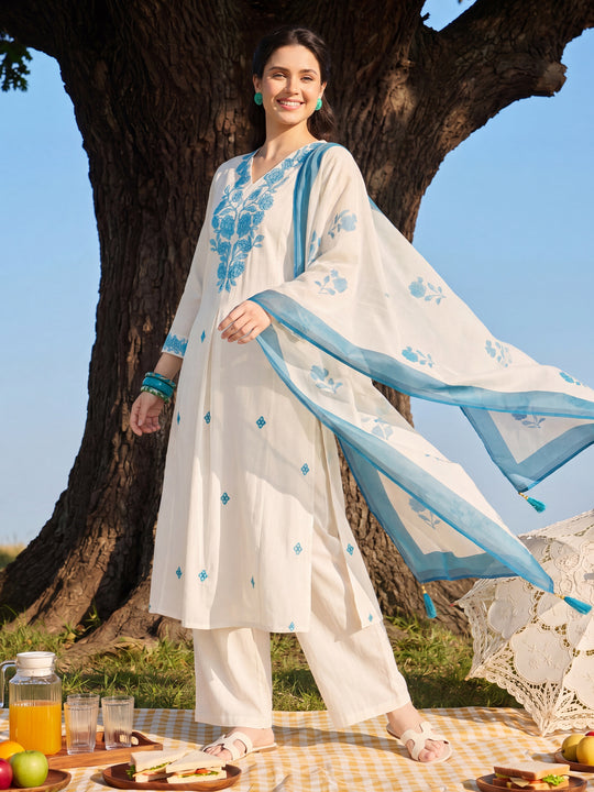 White Embroidered Viscose Rayon A-Line Suit Sets With Dupatta
