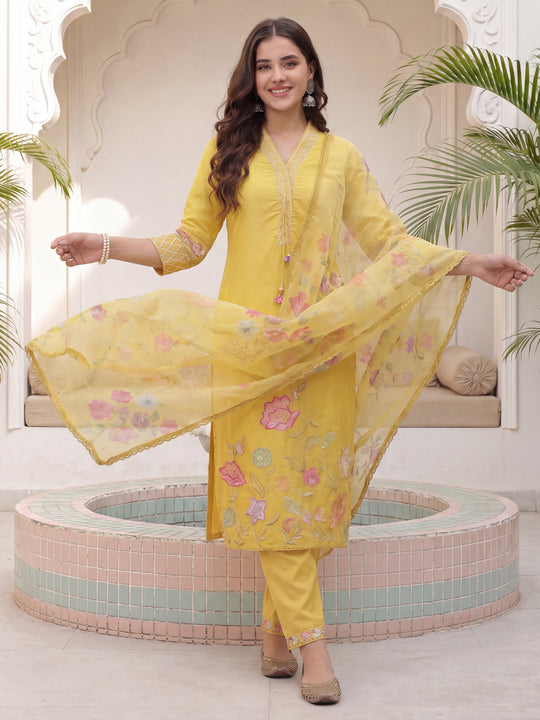 Mustard Embroidered Silk Blend Straight Kurta Sets With Dupatta