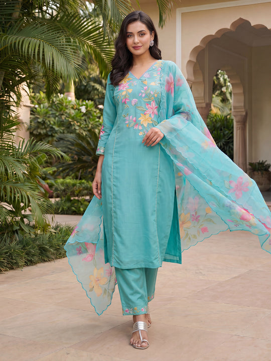 Indo Era Sea Green Embroidered A-Line Kurta Trousers With Dupatta Set
