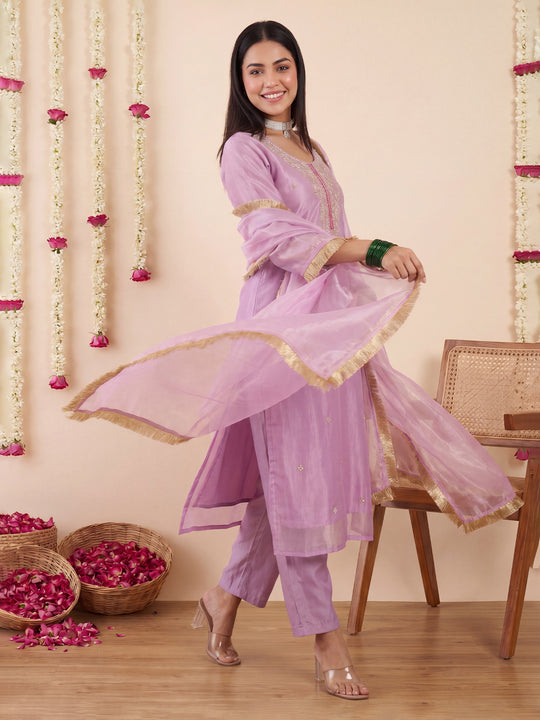 Indo Era Lavender Embroidered Straight Kurta Trousers With Dupatta Set