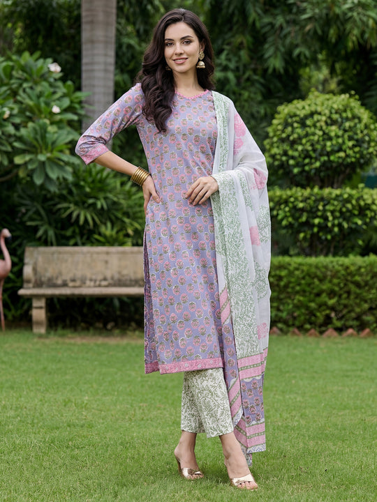 Grey Printed Pure Cotton Straight V-Neck Kurta Sets With Dupatta