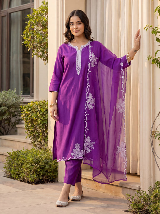 Purple Embroidered Liva Straight Suit Sets With Dupatta