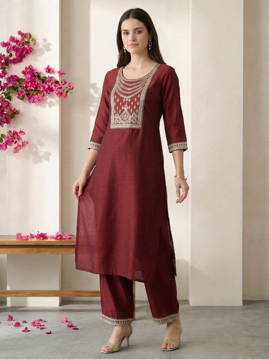 Maroon Embroidered Liva Straight Kurta Trouser Set