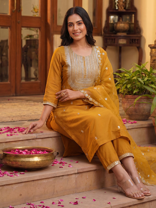 Mustard Embroidered Silk Blend Straight Kurta Sets With Dupatta