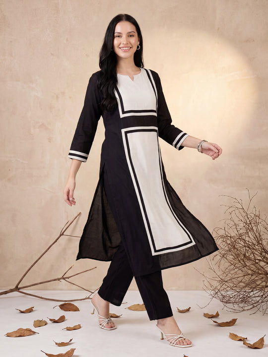 Indo Era Black Colourblocked Straight Kurta Trousers Set