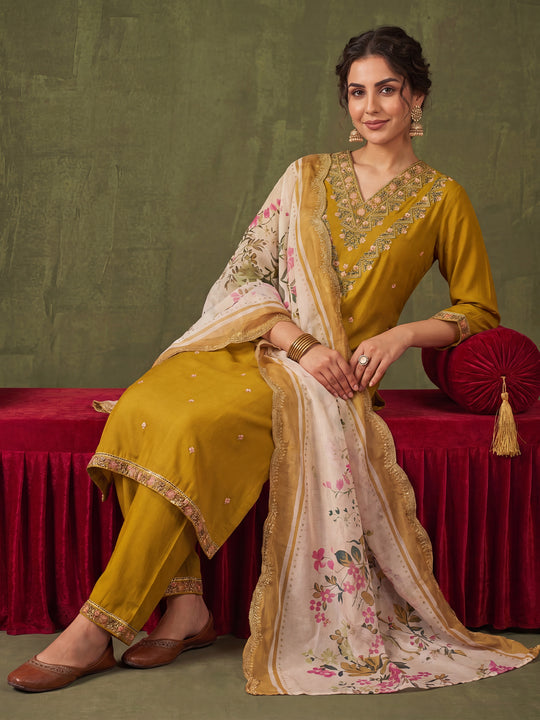 Indo Era Mustard Embroidered Straight Kurta Palazzos With Dupatta set