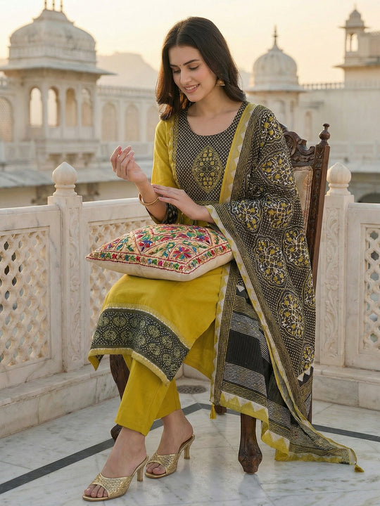 Indo Era Green Printed Straight Kurta Trousers With Dupatta set