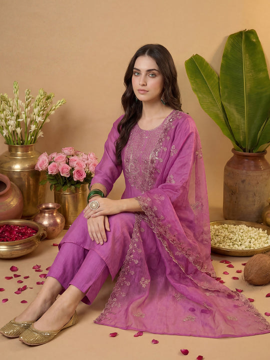 Indo Era Lavender Embroidered Straight Kurta Trousers With Dupatta set