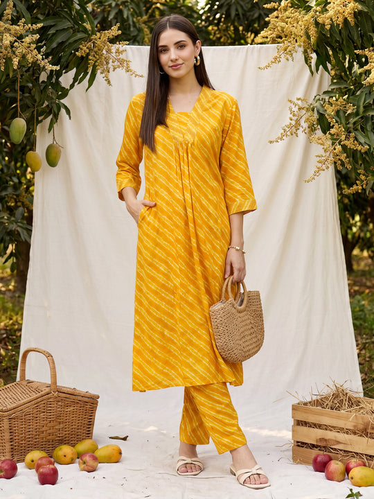 Indo Era Mustard Printed A-Line Kurta Trousers Set